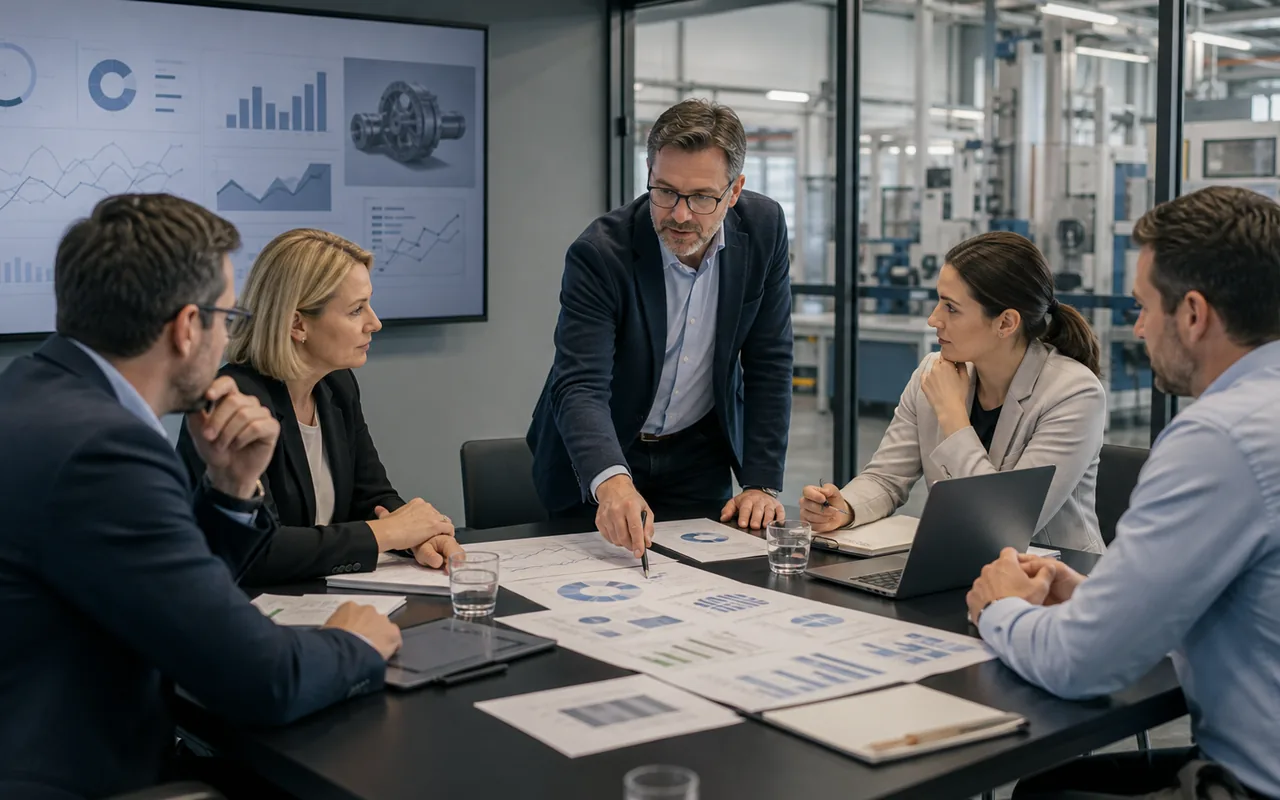 Managementteam eines mittelständischen Industrieunternehmens bespricht Markttrends und Chancen in einem Konferenzraum