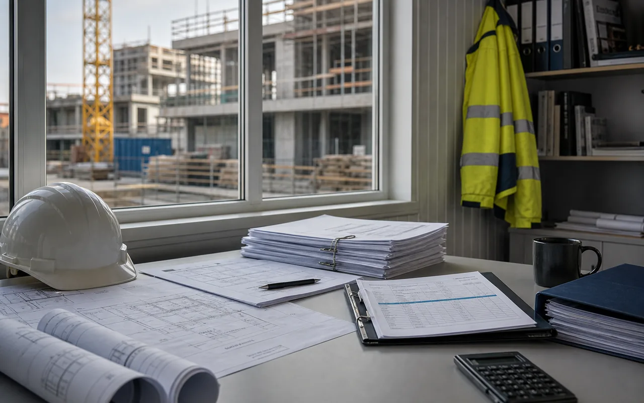 Baub?ro mit VOB-Unterlagen, Pl?nen und Bauabrechnung f?r spezialisiertes Factoring