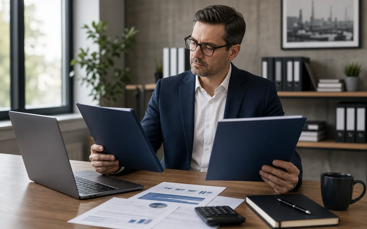 Unternehmer vergleicht zwei Finanzierungsangebote am Schreibtisch mit Laptop und Unterlagen
