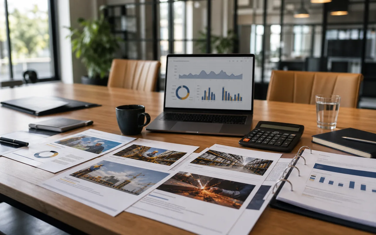 Realer Besprechungstisch mit Branchenunterlagen, Laptop und Factoring-Auswertung fuer unterschiedliche Mittelstandssegmente