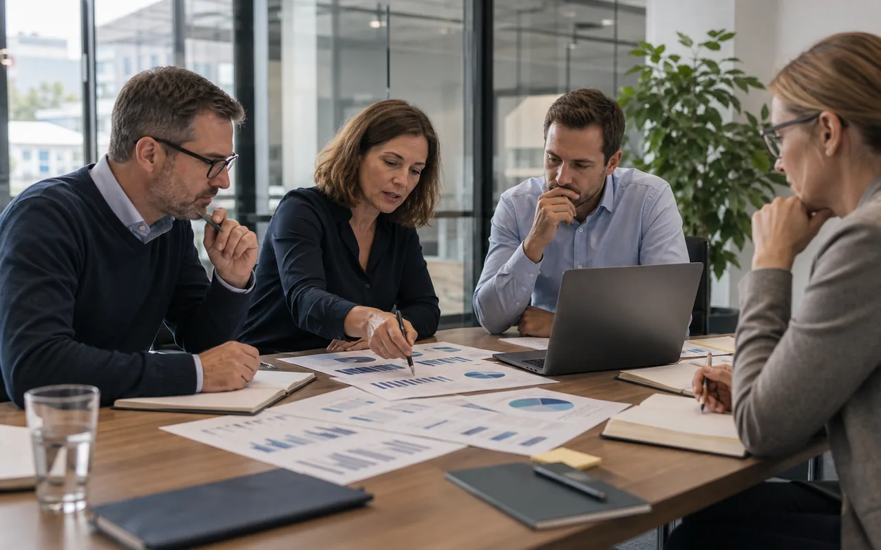 Finanzteam entwickelt in einem Besprechungsraum eine nachhaltige Cashflow-Strategie mit Diagrammen und Laptop