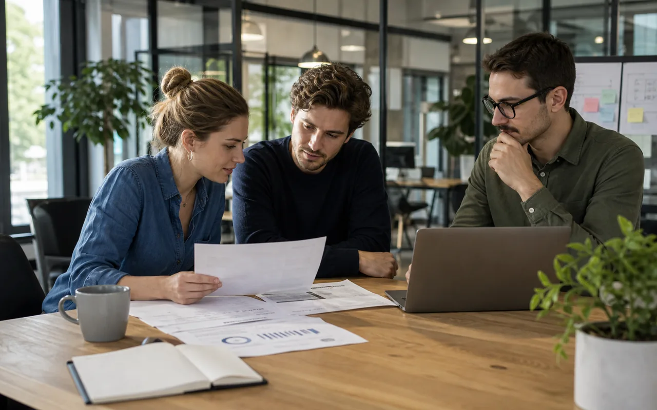 Startup-Team in hellem B?ro bei der Pr?fung offener Rechnungen und Liquidit?tsplanung