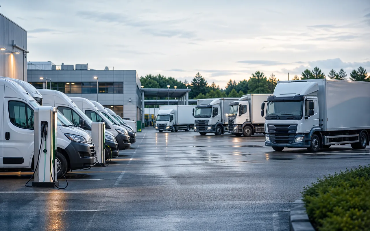 Moderner Fuhrpark mit E-Transportern und Lastkraftwagen an Depot und Ladeinfrastruktur