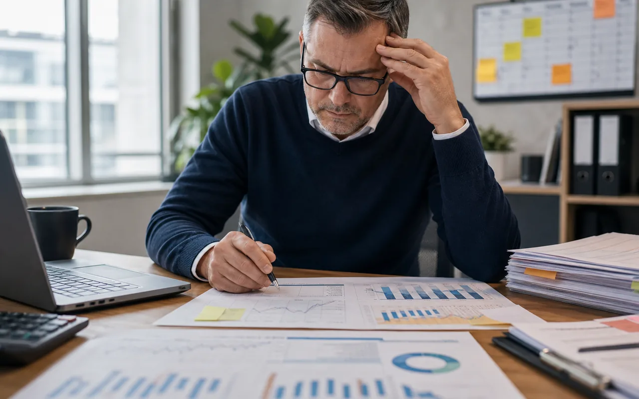 Finanzverantwortlicher prüft Forecast-Unterlagen und Liquiditätsauswertungen an einem Schreibtisch im mittelständischen Unternehmen