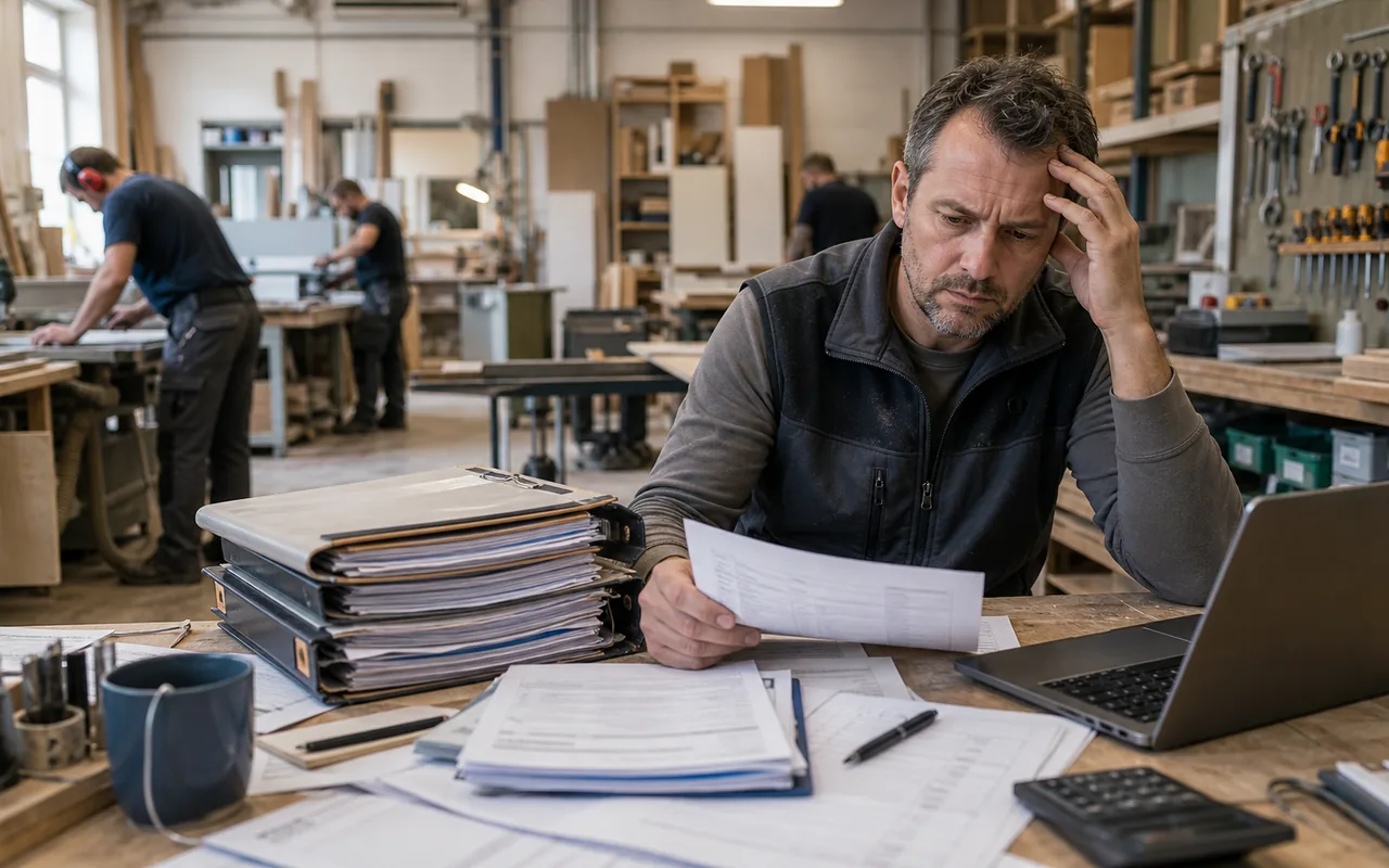 Handwerksunternehmer prüft Auftragsordner und Rechnungen in einer gut ausgelasteten Werkstatt