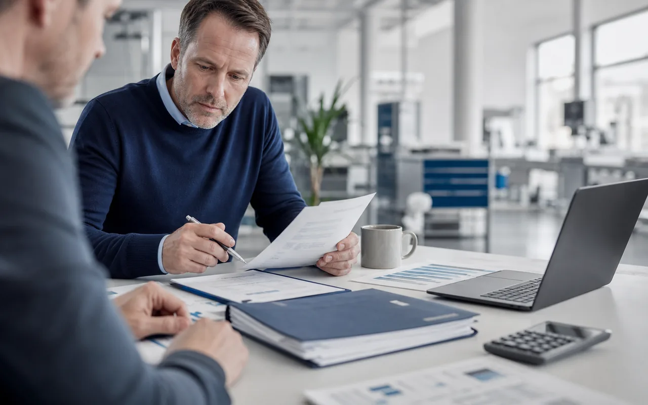 F?rderantrag, Laptop und Investitionsunterlagen in einem B?ro f?r Mittelstandsfinanzierung
