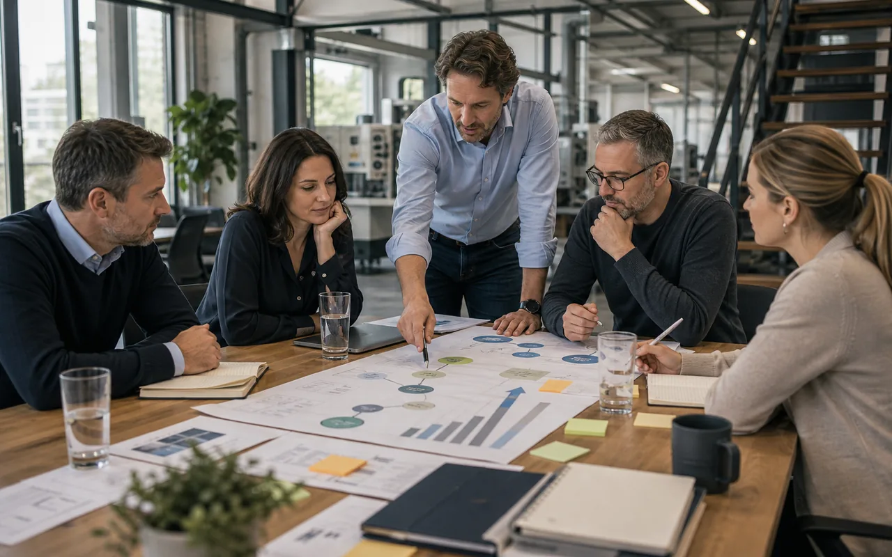 Führungsteam eines mittelständischen Unternehmens entwickelt in einer Besprechung nachhaltige Wachstumsstrategien