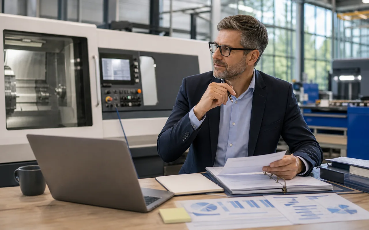 Unternehmer prüft Leasingunterlagen vor einer modernen Maschine in einem mittelständischen Produktionsbetrieb
