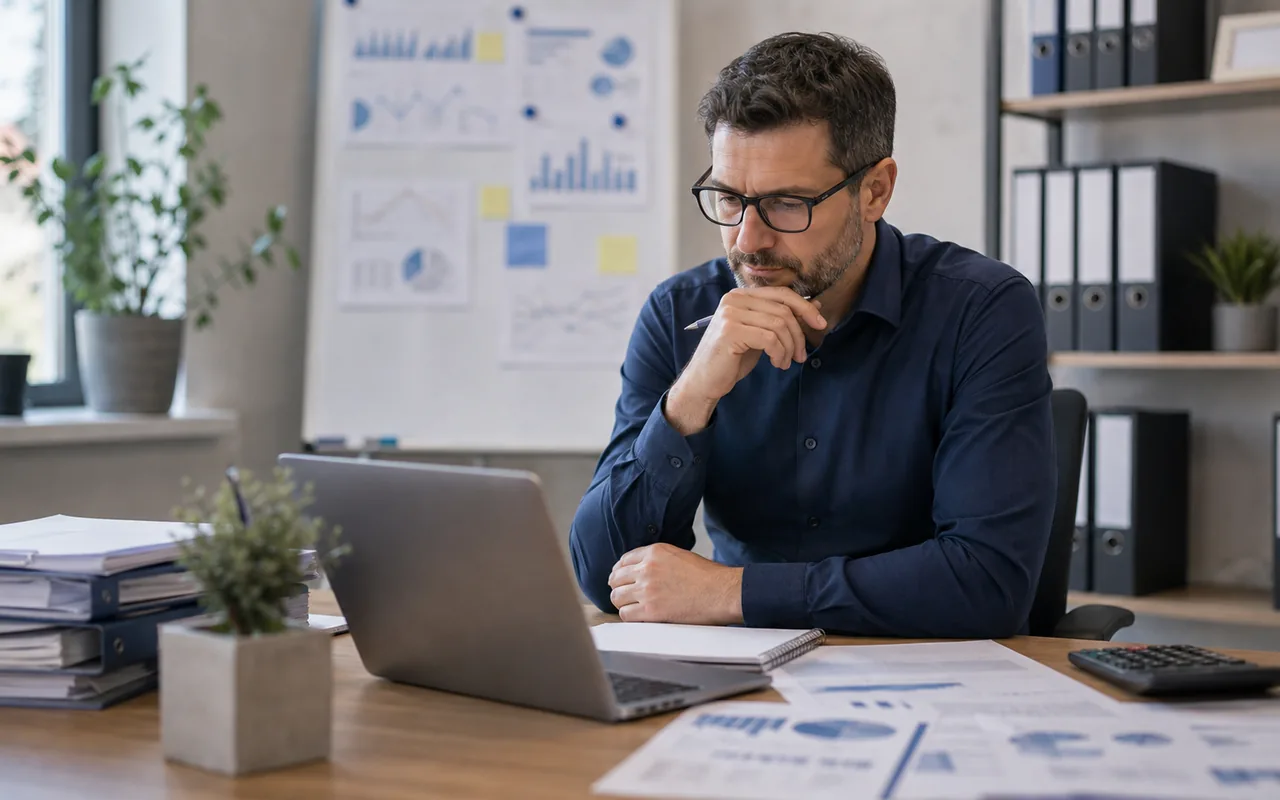 Finanzverantwortlicher entwickelt im Büro eine Cashflow-Strategie mit unscharfen Diagrammen, Laptop und Planungsunterlagen