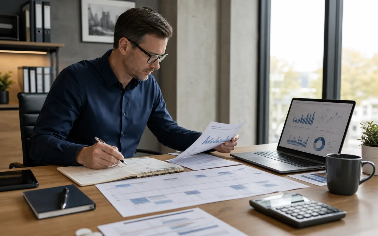 CFO am Schreibtisch mit 13-Wochen-Liquidit?tsplan, Kalender und Cashflow-Dashboard