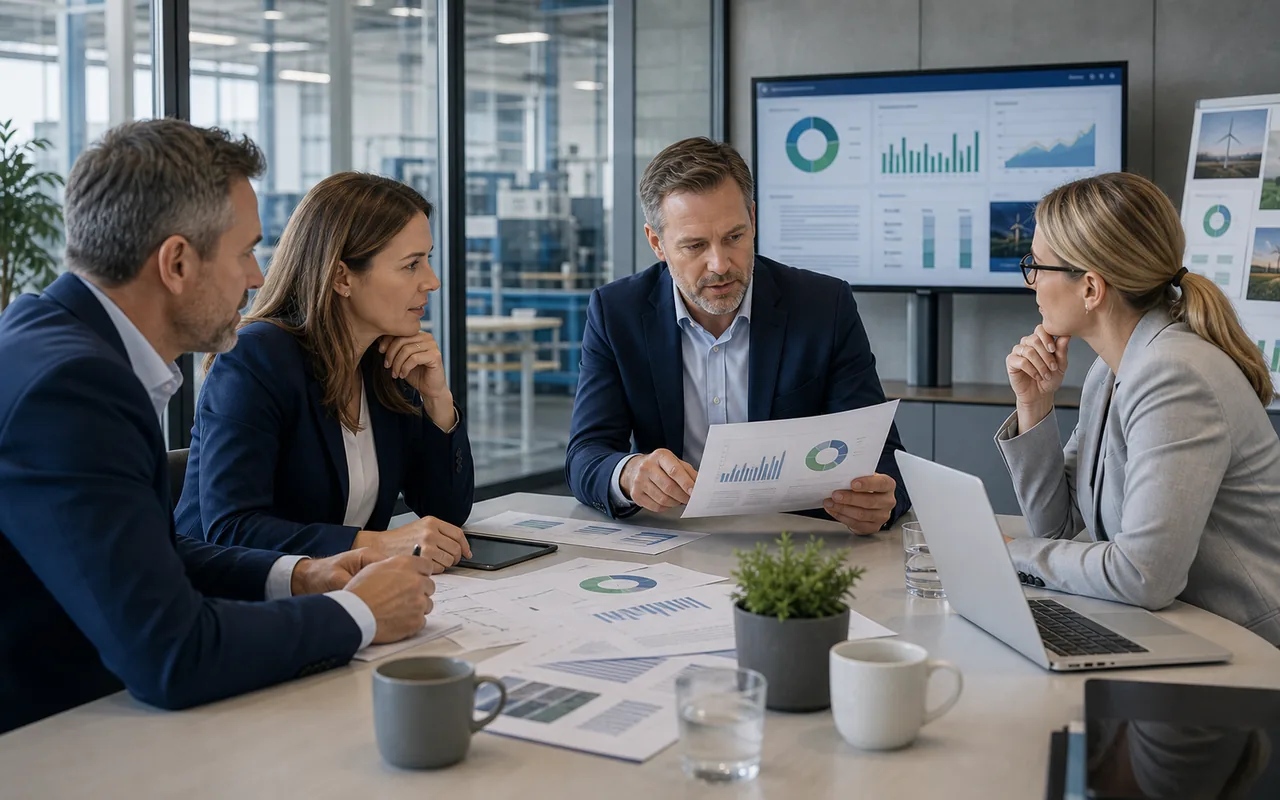 Zukunftsorientierte Mittelstandsbesprechung mit ESG-Bericht, Finanzdashboard und Industriebezug