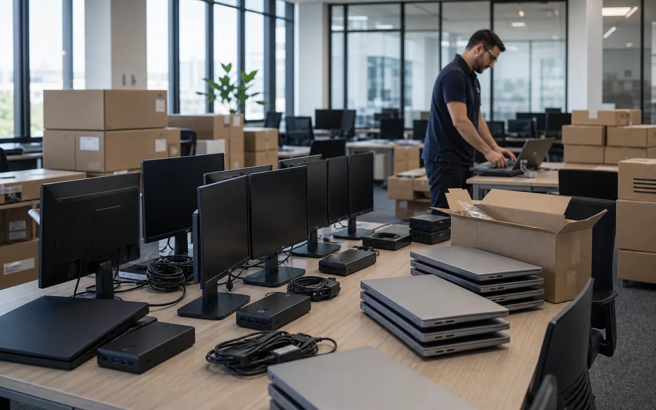 Moderne IT-Ausstattung mit Laptops, Monitoren und Rollout-Vorbereitung im Unternehmensb?ro