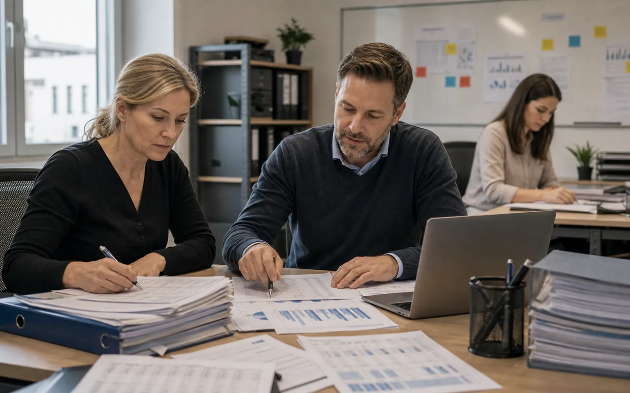 Team eines Personaldienstleisters arbeitet nach einem Neustart mit Personalakten, Auswertungen und Laptop an einer Factoring-Lösung