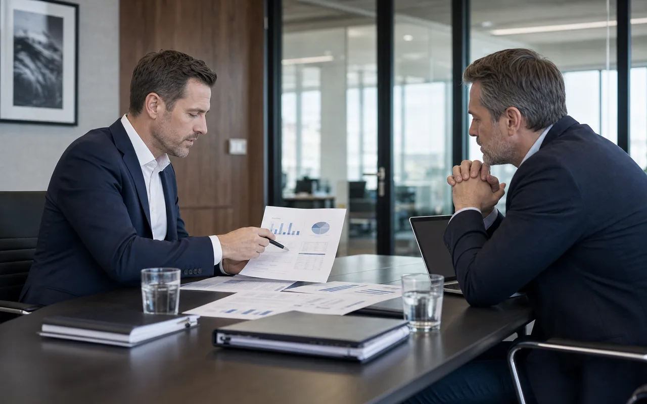 Finanzleiter mit Ma?nahmenplan und Rating-Unterlagen in einem Bankgespr?ch