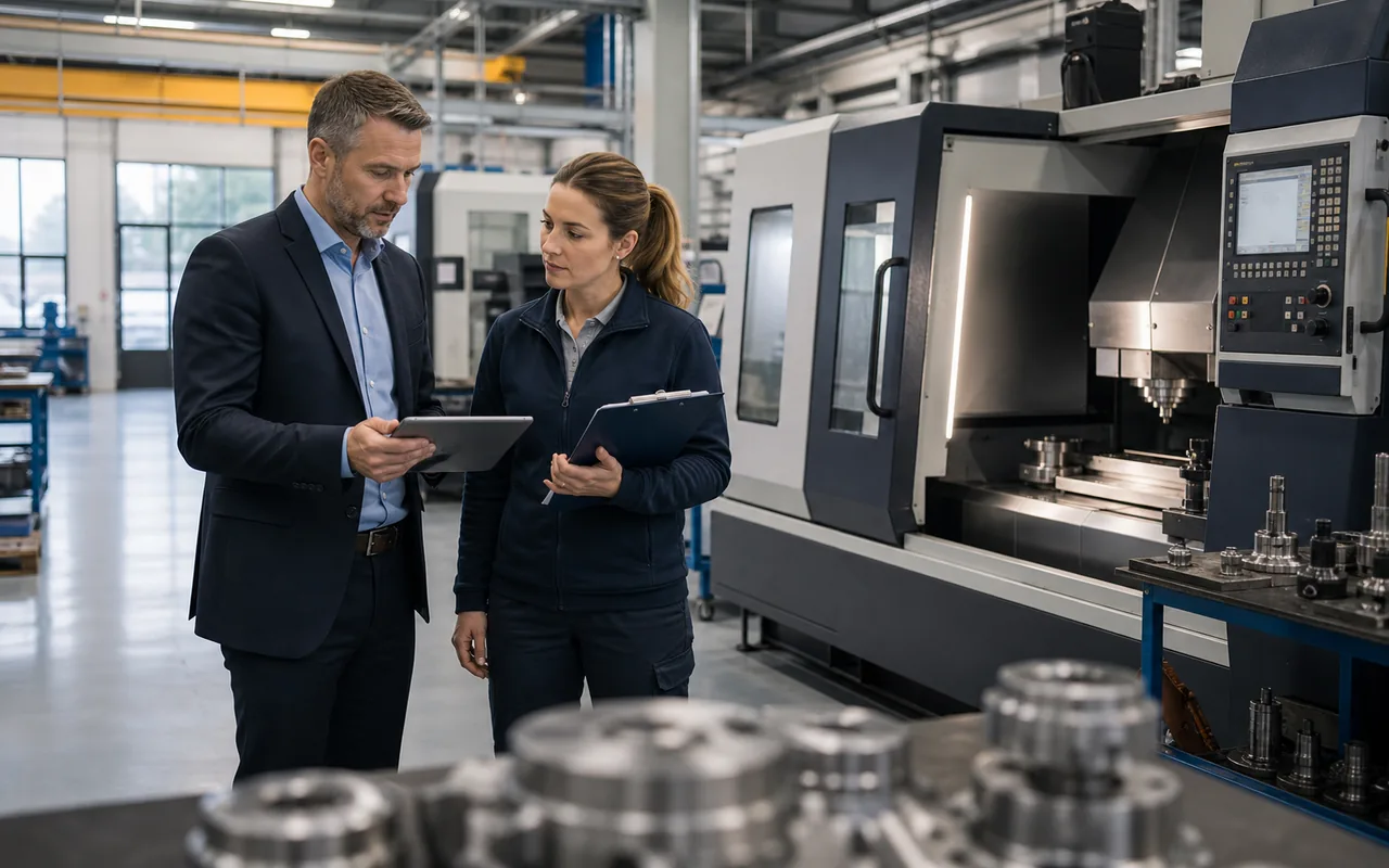 Produktionshalle mit moderner Maschine und Finanzverantwortlichem bei einer Sale-and-Lease-Back-Pr?fung