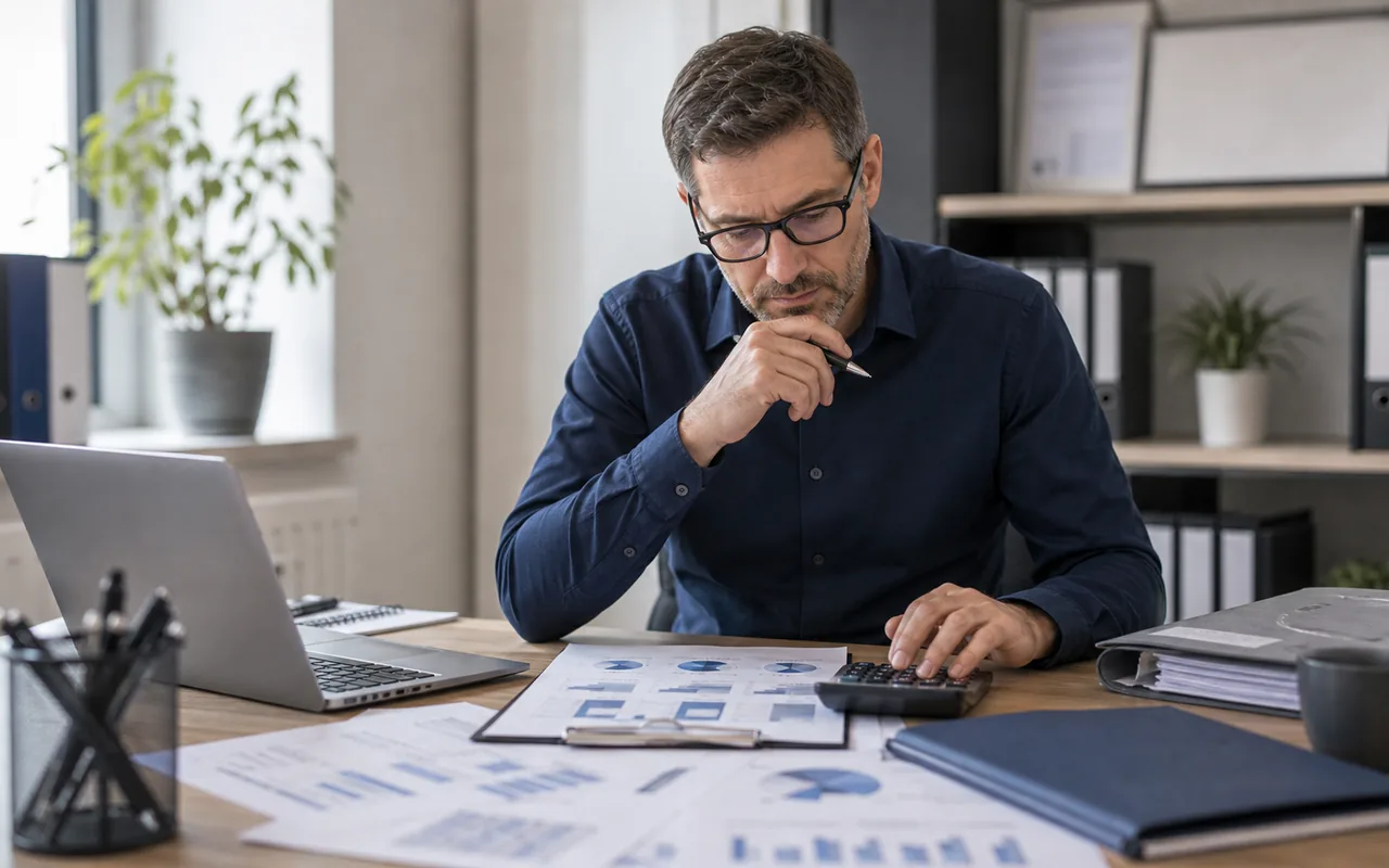 Finanzmanager vergleicht steuerliche und finanzielle Unterlagen mit Laptop, Ordnern und Taschenrechner an einem Schreibtisch