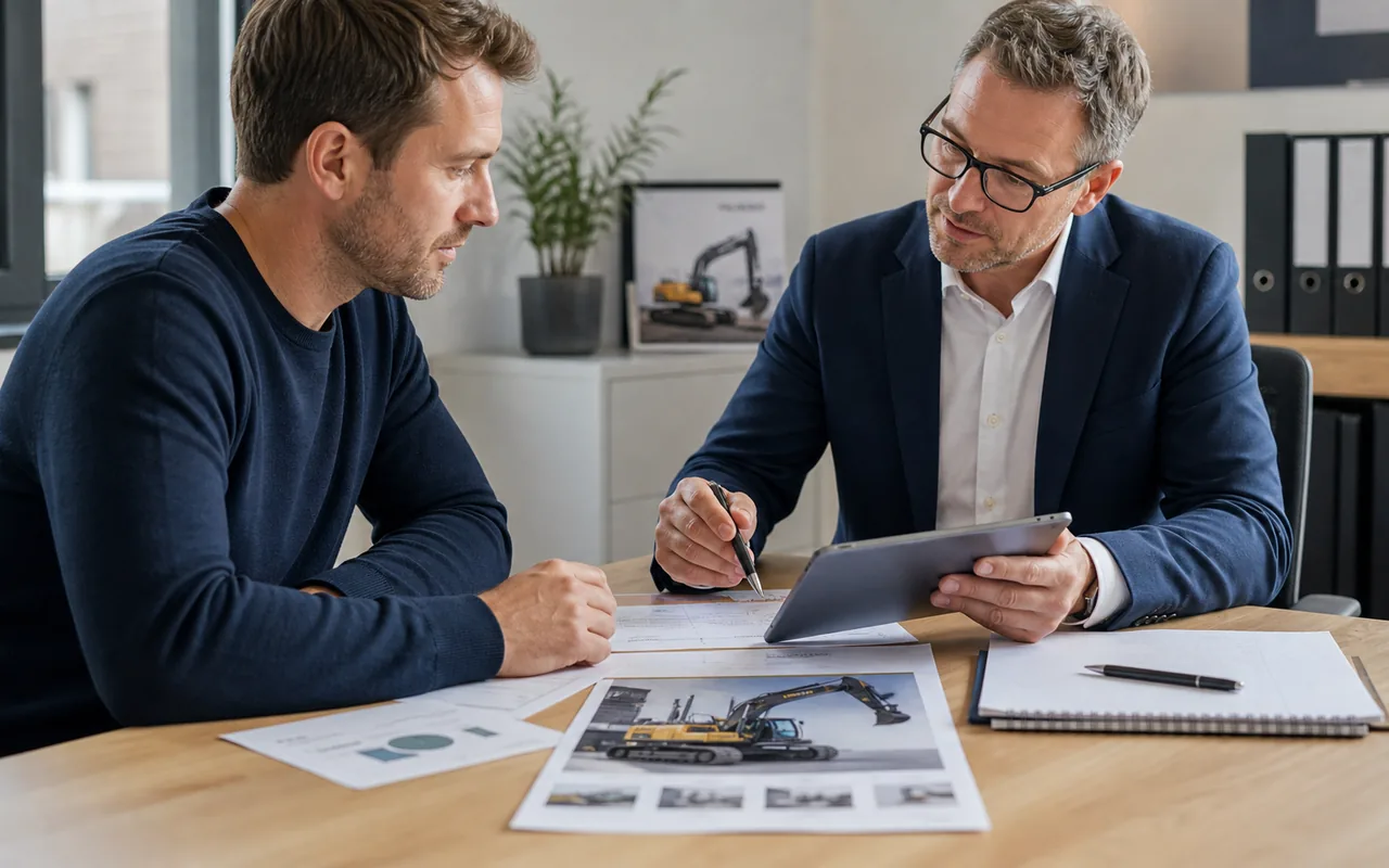 Unternehmer und Berater besprechen die Leasing-Grundstruktur mit Tablet, Objektunterlagen und Notizen an einem Besprechungstisch