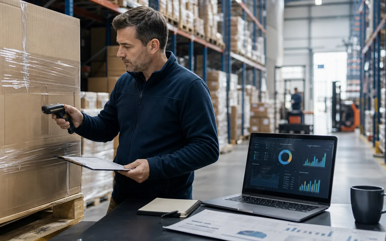Lager- und B?roarbeitsplatz mit Bestandslisten, Scanner und Kennzahlen zur Working-Capital-Optimierung