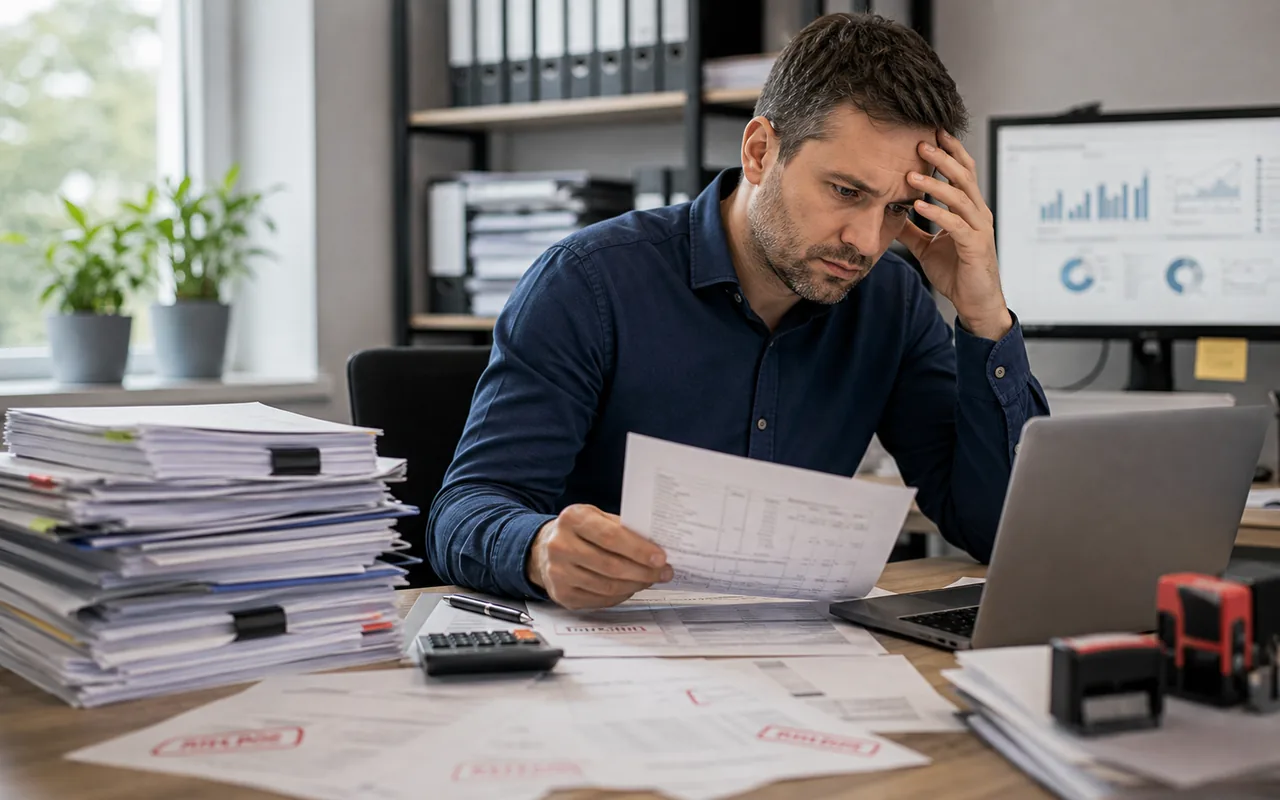 Finanzleiter prüft verspätete Rechnungen und Mahnunterlagen an einem Schreibtisch in einem mittelständischen Unternehmen