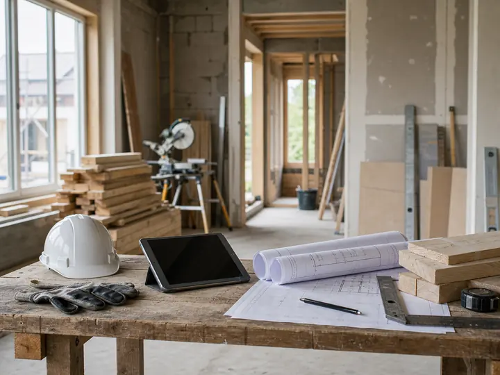Werkbank mit Bauplänen, Tablet und Material für Handwerk und Bau
