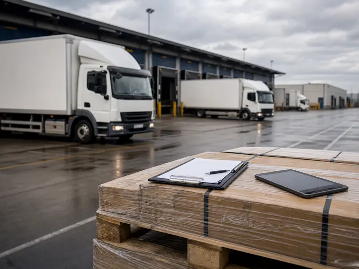 Lkw an Verladedocks mit Paletten und Tourenunterlagen für Logistik und Transport