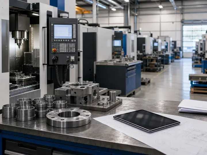 CNC-Maschine und Metallteile in einer Fertigungshalle für Produktionsfinanzierung