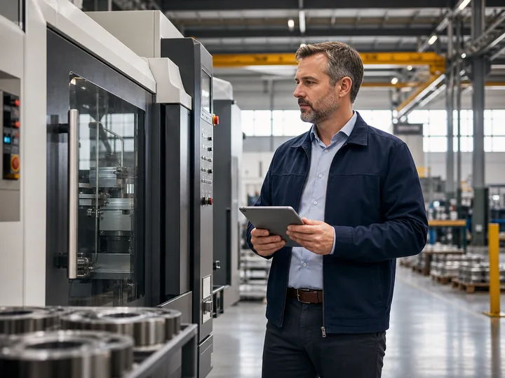 Entscheider bewertet in der Produktion die Finanzierung einer Maschine per Tablet